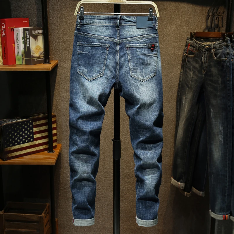 Джинсы мужские облегающие модные синие эластичные брюки из денима роскошные