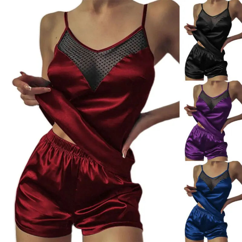 

Women Sexy Lace Hollow Pyjamas Set Sleeveless Vest Shorts Suit Plain Loungewear