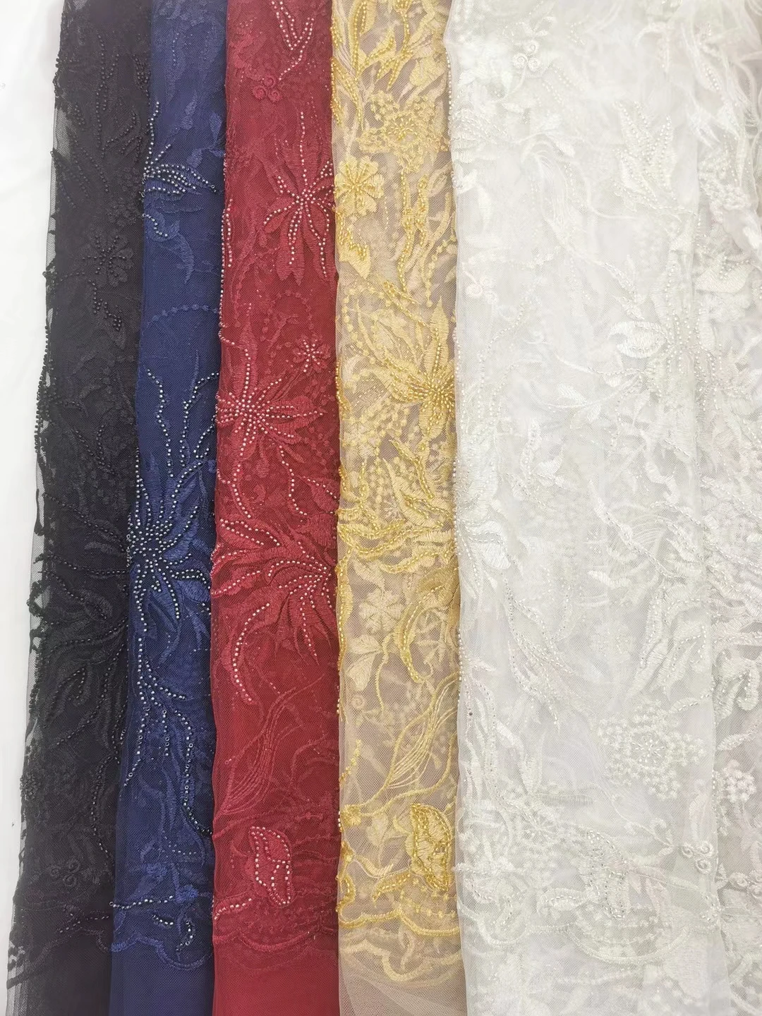 

beautiful beaded net tulle lace fabric 5yards embroidered mesh lace fabric with beads tube for lady party dress XIONGX3053