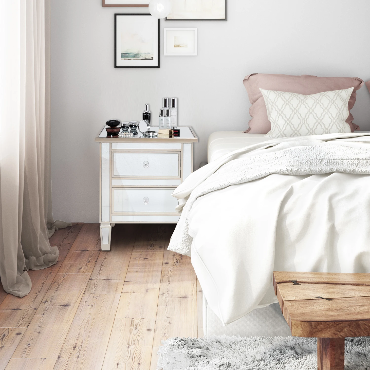 Скандинавский зеркальный ночной столик с 2 ящиками прикроватный серебристый