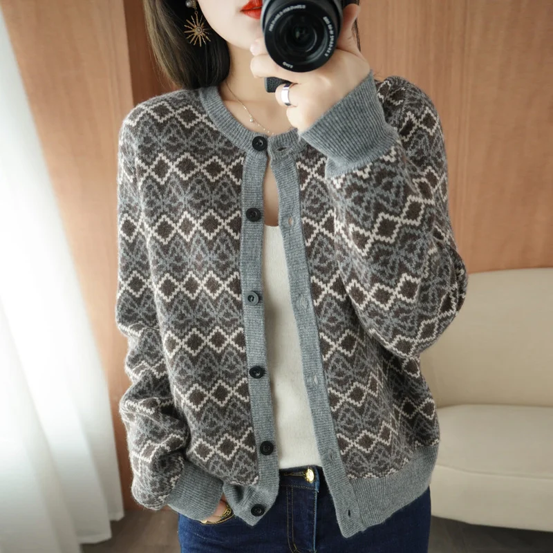 

Jacquard wool knitted cardigan coat women's 2021 autumn winter new round neck loose sweater with top