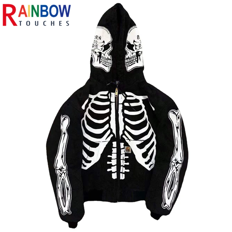 

Rainbowtouches Mens Coat Spring And Autumn New Leisure Street Hip Hop Skull Print Hoodie Cardigan Tops Unisex Superior Quality