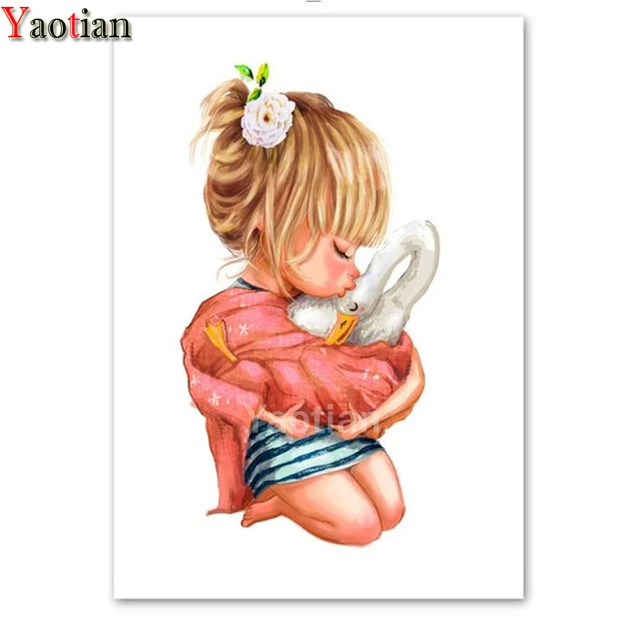 

Алмазная живопись 5d «сделай сам», новинка, мультяшная маленькая девочка и Лебедь Стразы для вышивки крестиком, полный набор для мозаики, укр...