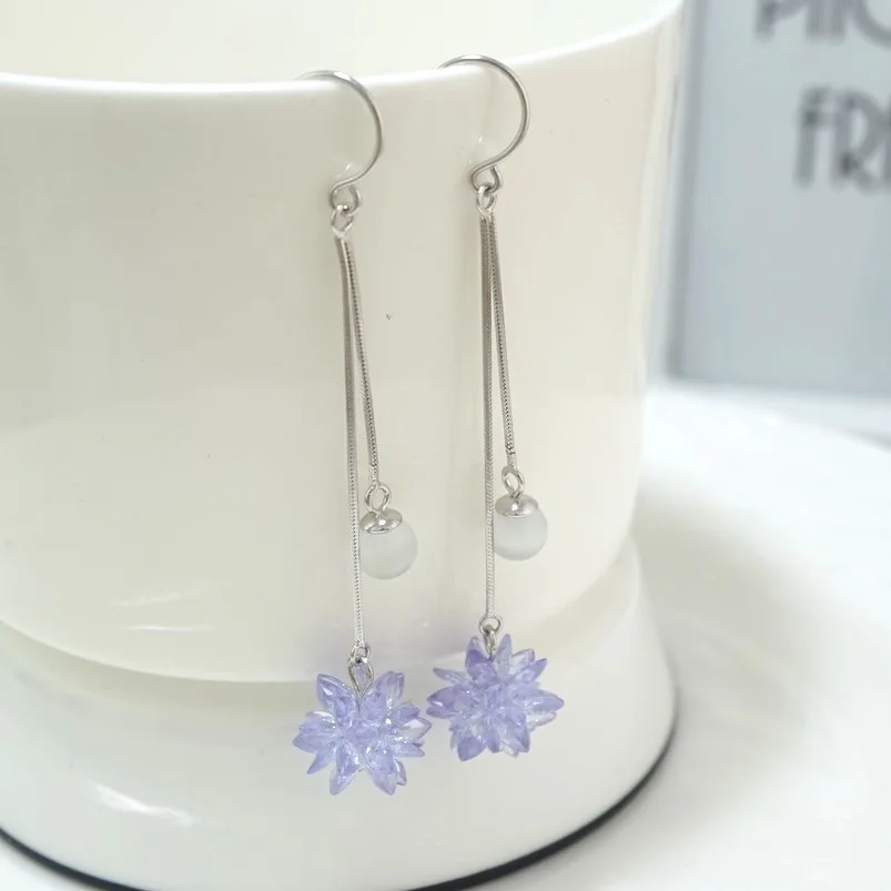 

New trend fashion S925 sterling silver purple ice flower opal long tassel earrings simple and versatile exquisite gift for women