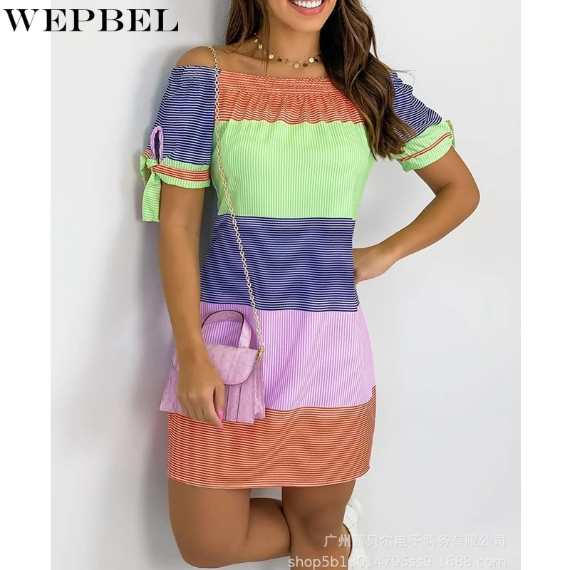 

WEPBEL Dress Women's Sexy Striped Slim-Fit Off-Shoulder Dress Summer Fashion Short Sleeve Lace-up Slash Neck High Waist Dress