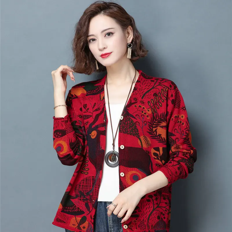 

Bohemia Style Women Floral Cozy Cardigan Sweater Spring Autumn Sheep Wool Knitted Coat Red Black Khaki Single Breasted Kntiwear