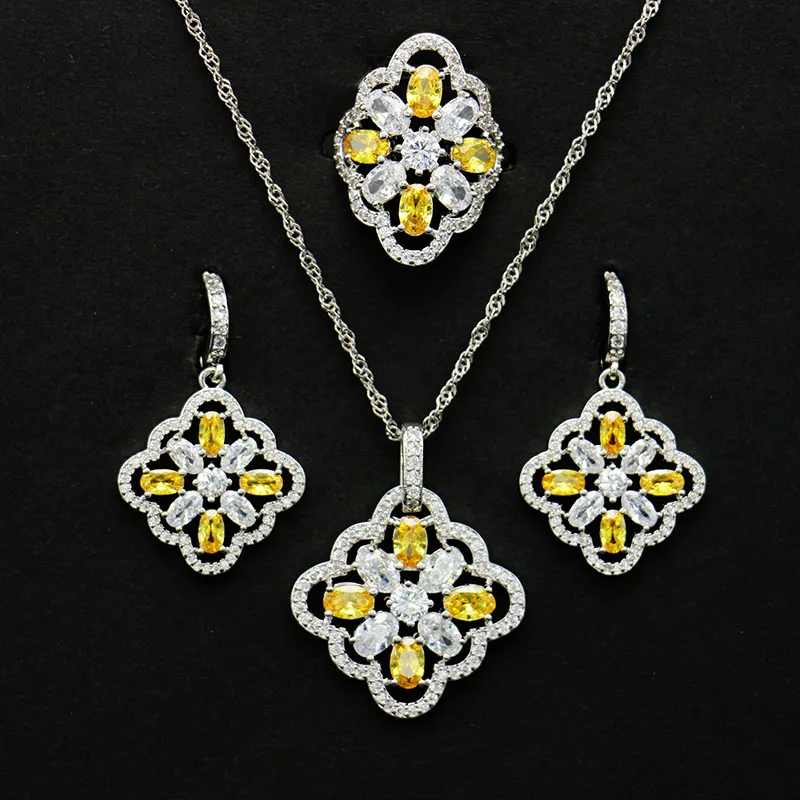

Funmode 4pcs New Yellow Color Beauty Flower Shape Pendant Jewelry Sets For Women Bridal Set pulseras Wholesale FS128