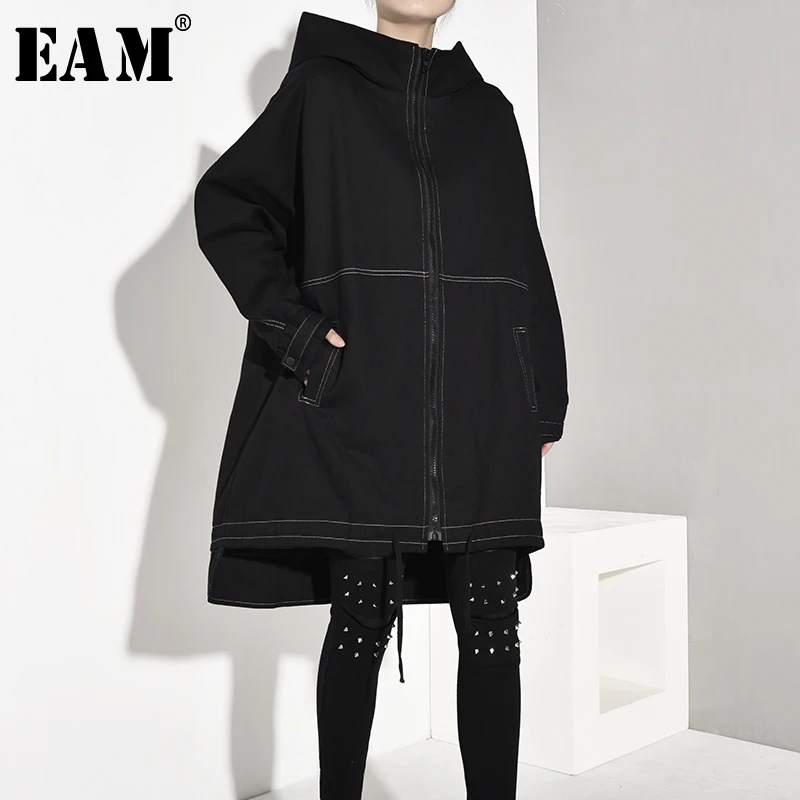 [EAM] Женский Тренч оверсайз на шнурке с капюшоном и длинным рукавом свободная