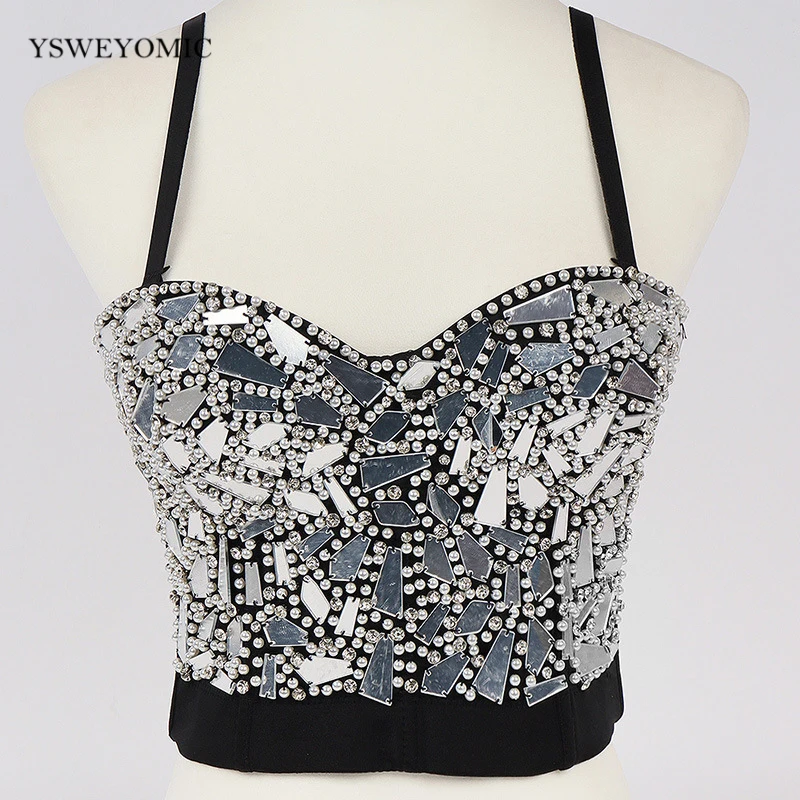 Women's Gold Silver Red Blue Sequin Cropped Tops Rhinestone Pearl Tank Top Glitter Sexy Bustier Tops Rave Festival Party Vest