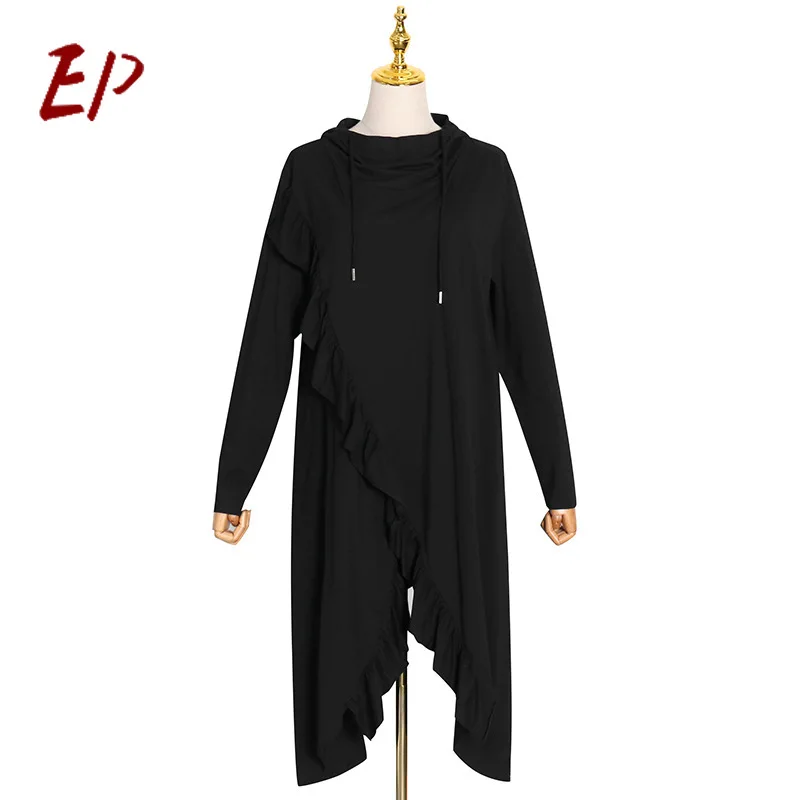 

EP Fashion 2021 New Spring Autunm Style Office Lady Women's clothing Long Sleeve Black Hooded Split Asymmetrical Dresses