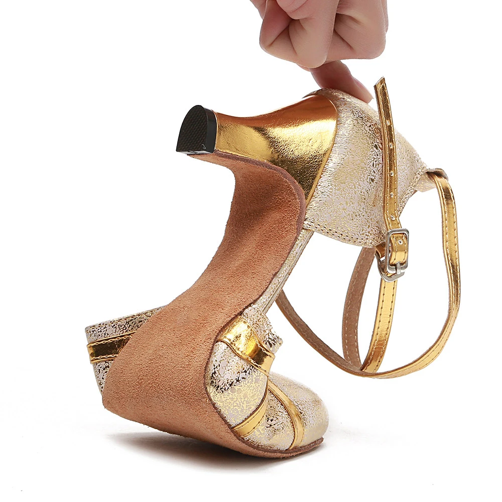 

HROYL Latin Dance Shoes For Women PU Gold African print Salsa Dance Shoes Women's Ballroom Dance Sandal Hight Heel 10cm 8cm