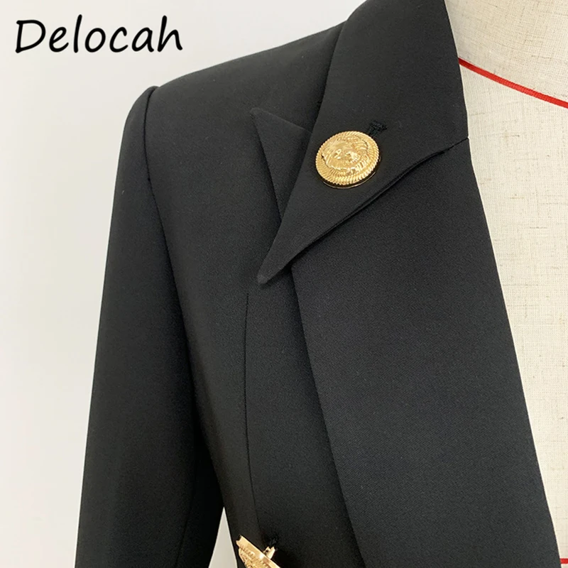 

Delocah Women Autumn Fashion DesignerShort Jacket Long Sleeve Double Breasted Fake Pocket Black Print Ladies Coat Outerwear