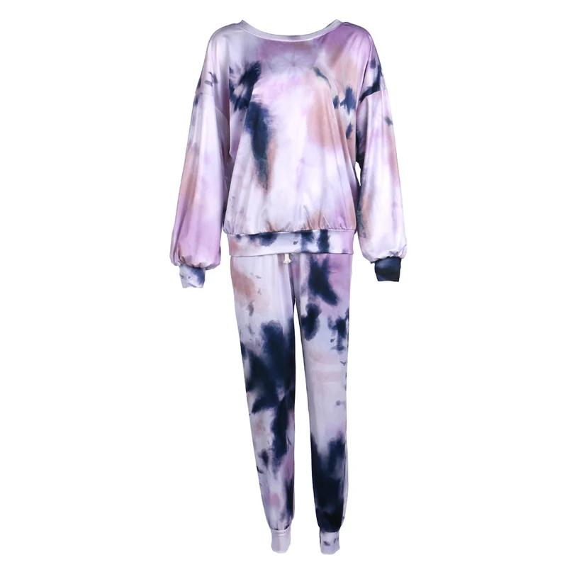 

Women Autumn Pajamas Tie Dye Patterns Long Sleeve Tops High Waist Drawing Straps Elastic Pants Sets