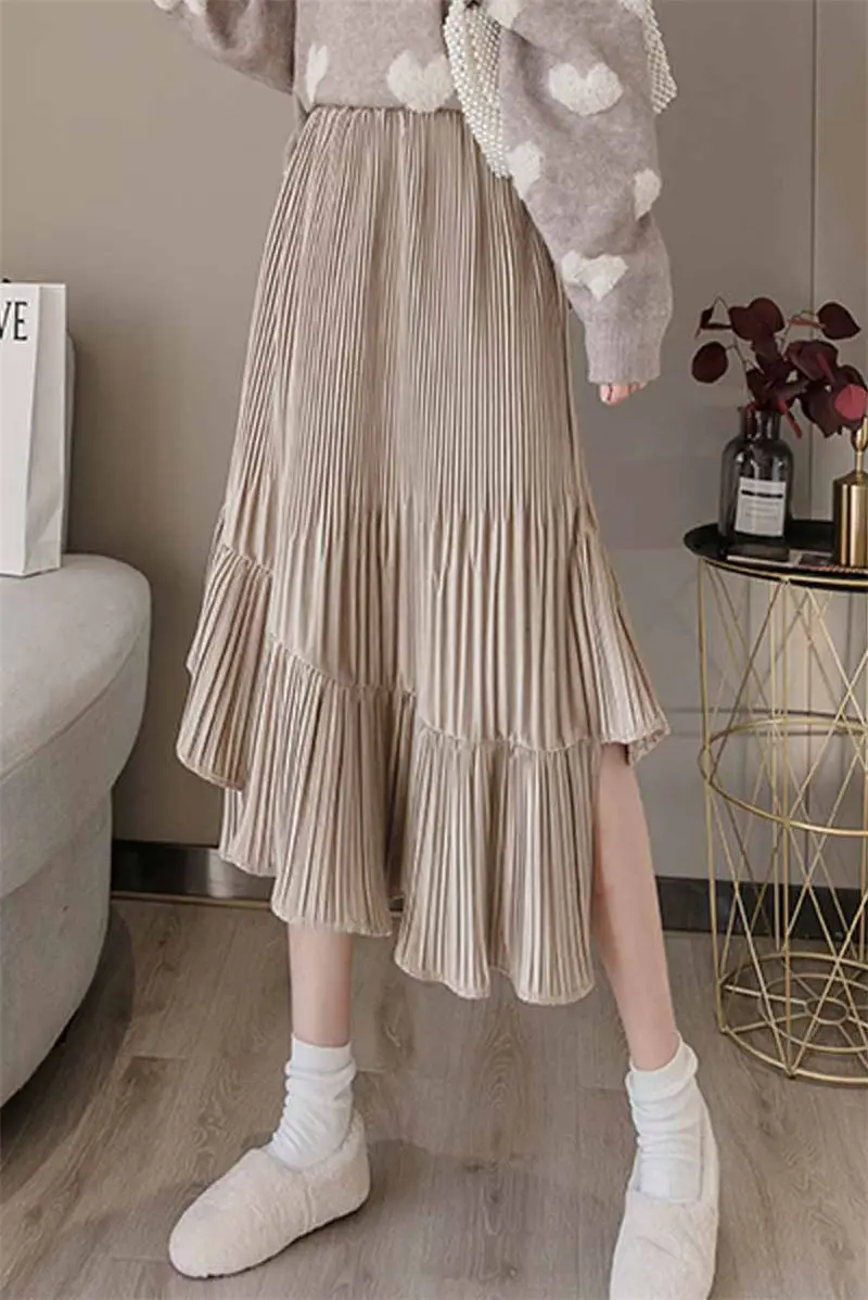 

Skirts Womens Gold Velvet Elastic High Waist Skirt Spring New Irregular Pleated Skirt Fashion Long Cake Skirt Femme Jupe R019