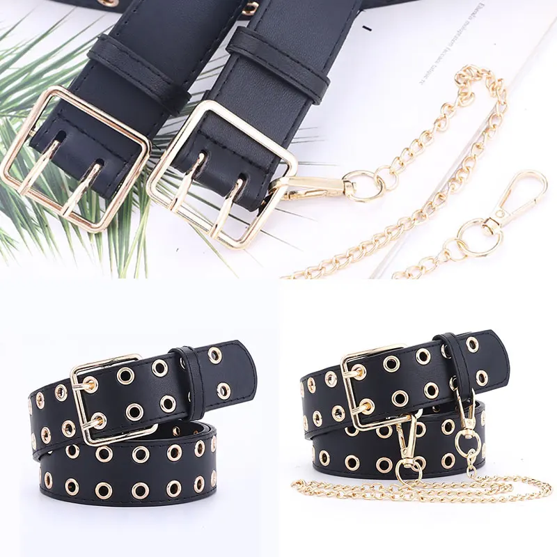 

Punk Style Adjustable Women Belt Alloy Pin Buckle Metal Chain Decorative Double Eyelet Grommet Wide Waist Belt Trendy Women Belt