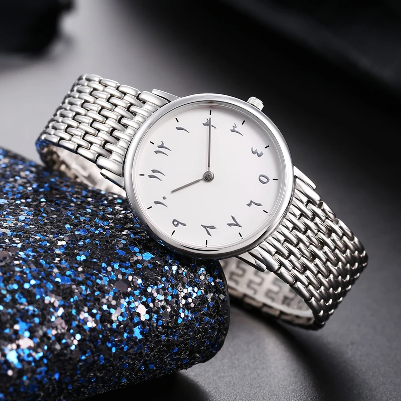 Полностью стальные арабские часы с цифрами и наручные унисекс Сверхтонкий чехол