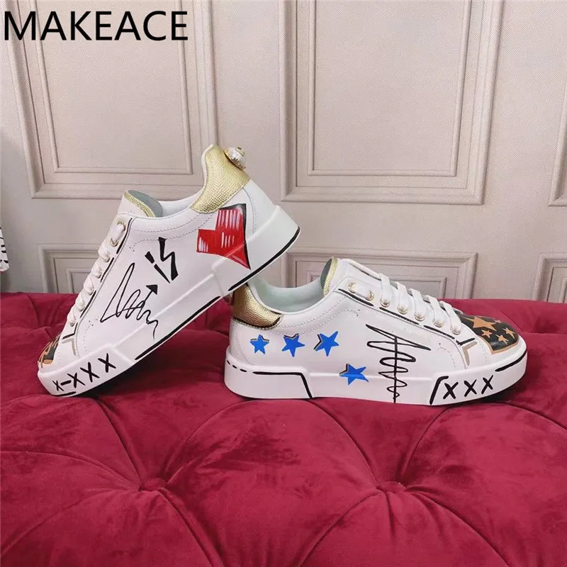 

Spring Autumn Sneakers Women New Flat Platform Comfortable Small White Shoes Thick Bottom Printing Walking Casual Shoes Woman