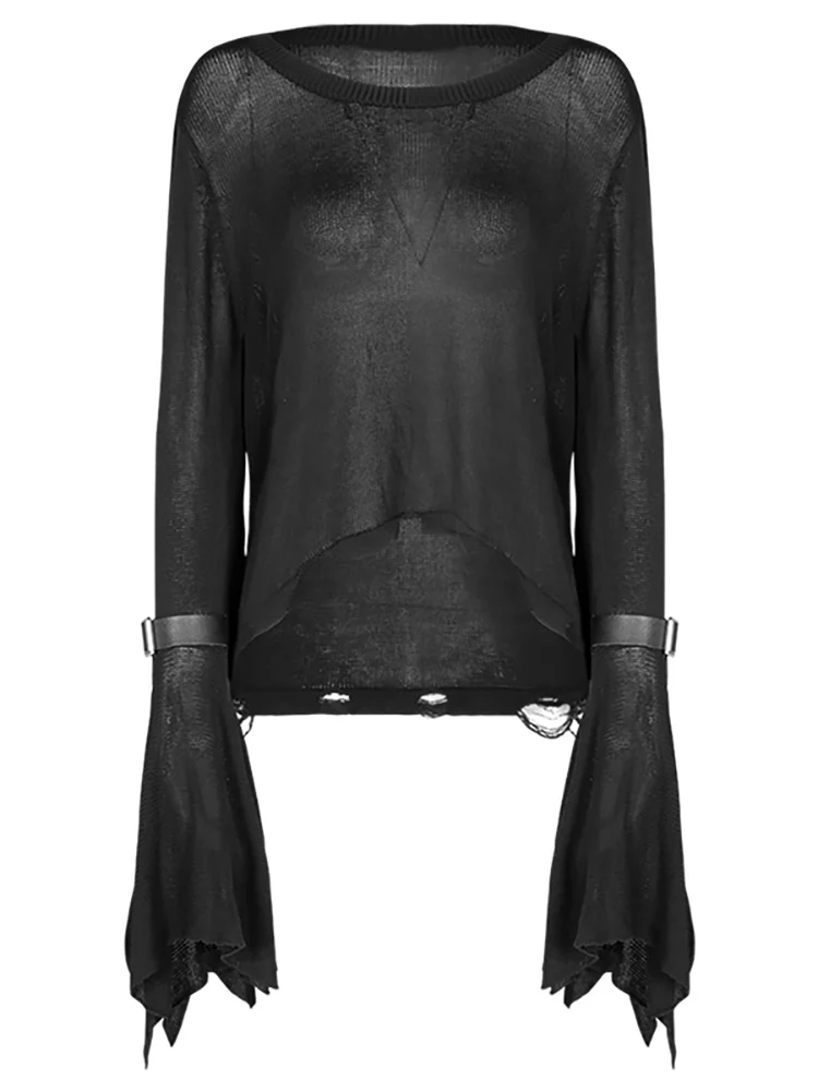 Женский свободный пуловер в стиле панк Черный Асимметричный свитер с круглым