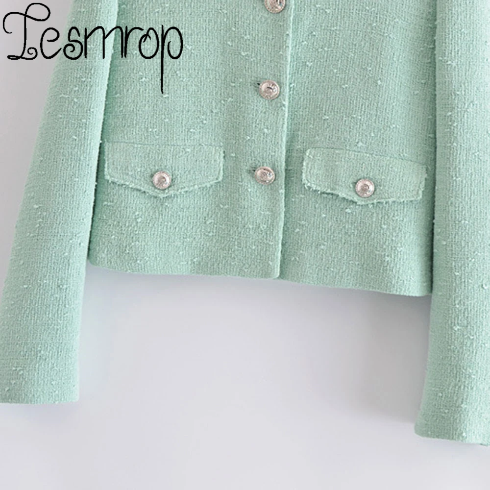 

LESMROP 2021 ZA Women New Autumn Short Lapel Textured Woolen Long Sleve Coat Jacket Outerwear Casual Fashion Saco Green LP7BZ815