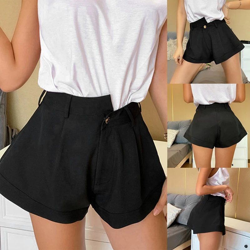 

Asymmetrical Waist Sexy Women Shorts Loose High Waist Shorts Casual Button Shorts Office Lady Shorts