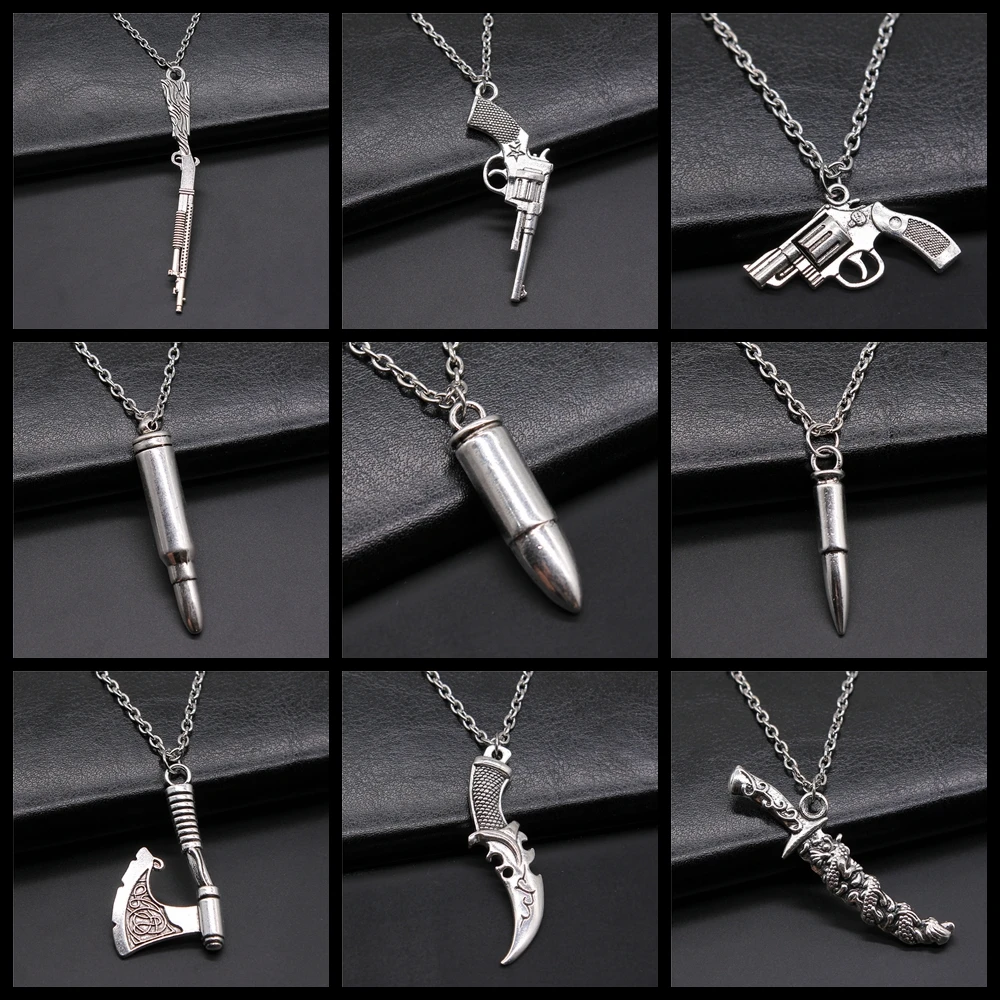 

Vintage Fashion Gun Bullet Ax Pistol Sword Pendant Necklace For Men Women Boy Girl Metal Chain Long Chain Necklace