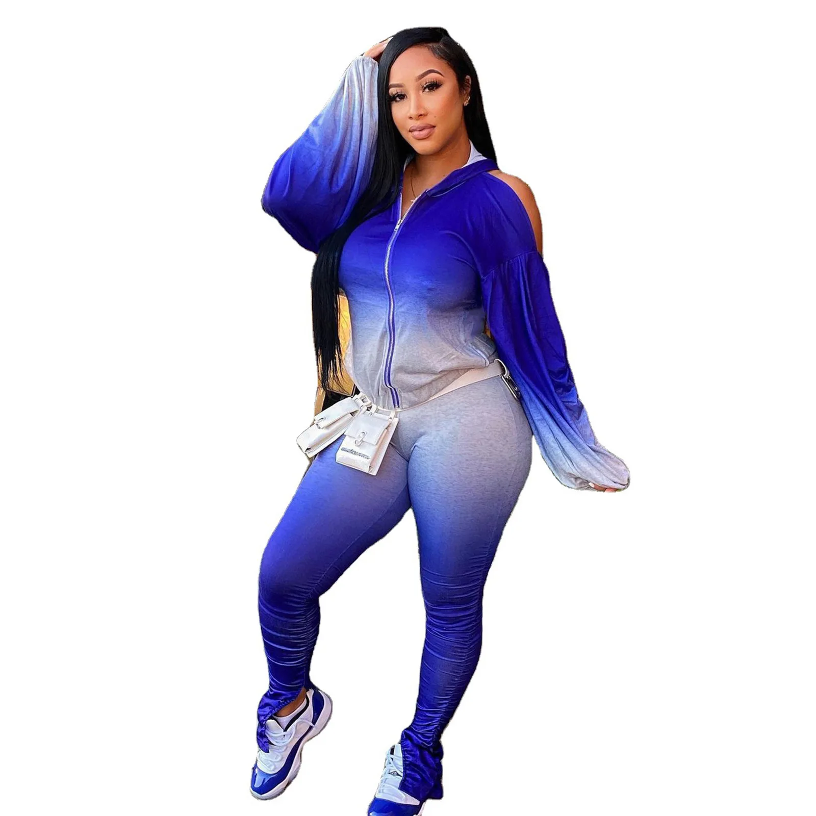 

Women Gradient Printing Backless Two Piece Sets Hoodes Lantern Sleeve Zipper Coats Skinny Casual Pants Fitness Outfits