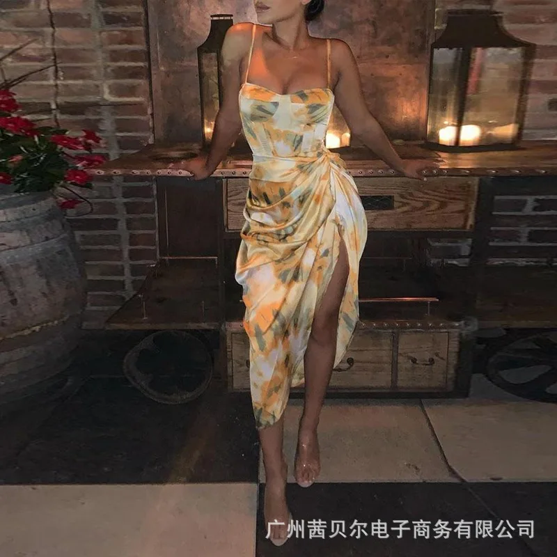 

2021 European and American new style printed sling wrinkle dress