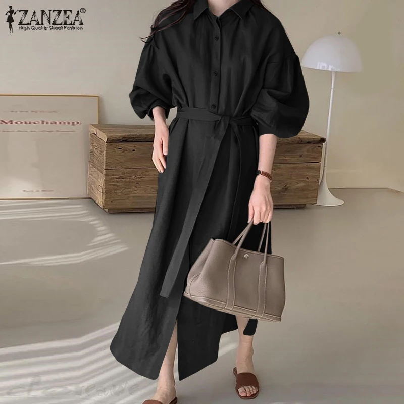 

ZANZEA Women Stylish Long Sleeve Shirt Baggy Vestido Oversize Vintage Button Belted Robe 2021 Solid Sundress Office Kaftan Dress