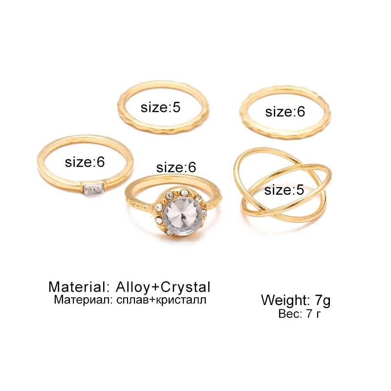 DAXI 5PCS / Set Of Gold Crystal Rhinestones Korean Version The Ring Hypoallergenic Cute Chic Style Wedding Dress Unique | Украшения и