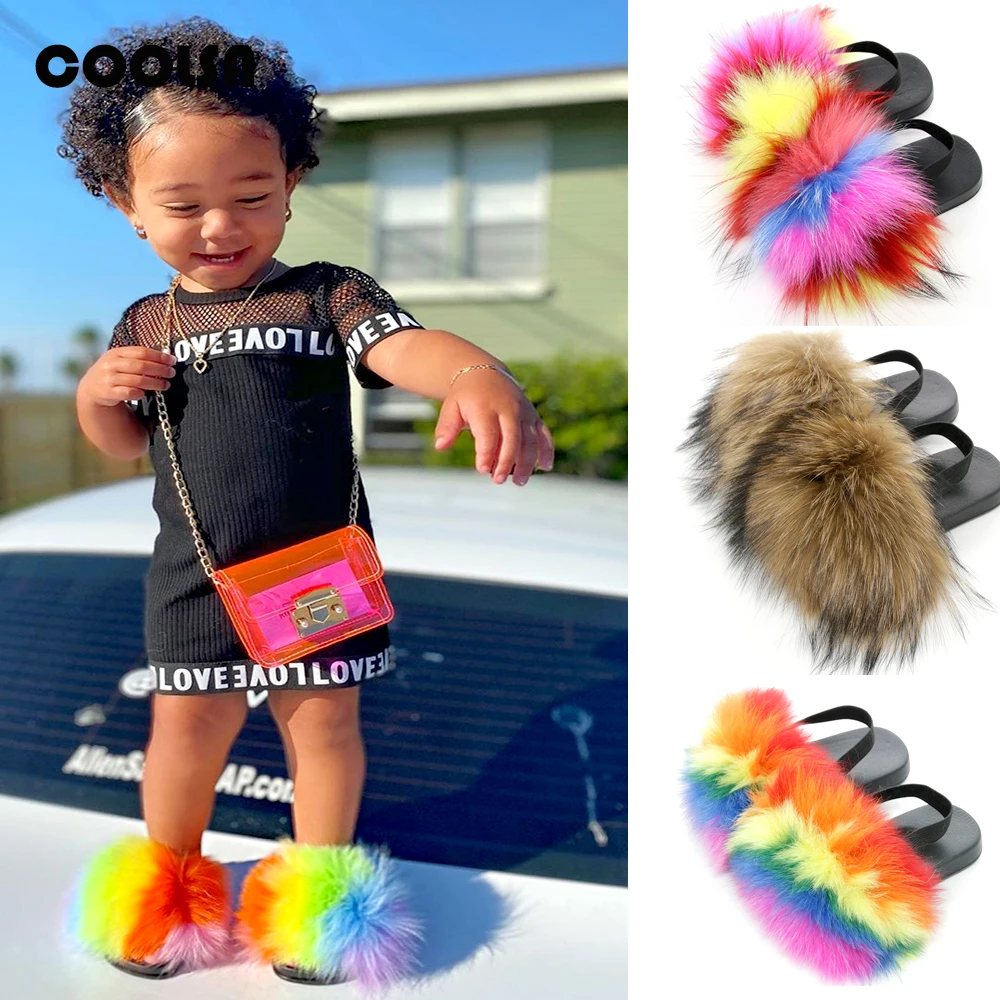 

Summer Children Fur Slippers Kids Fur Slides With Strap Fluffy Fox Fur Flip Flops Flat Elastic Baby Furry Sandals Cute Fur Shoes