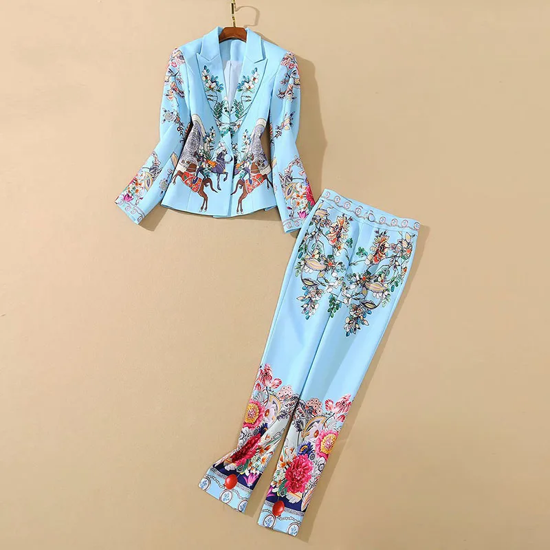 QUALITY New HIGH 2021 Designer Runway Women's Notched Neck Long sleeve Blazer Long pant vintage Print Suit Set