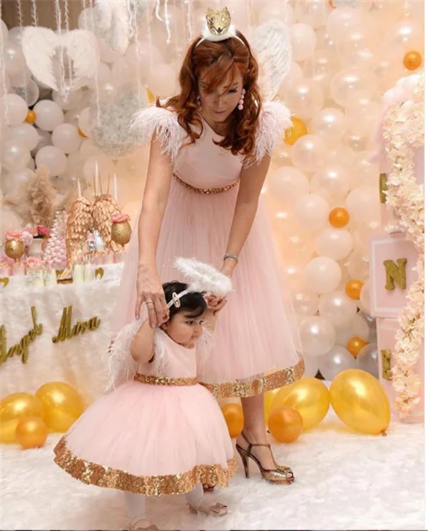 Cute Pink Puffy Tulle Baby Girl Birthday Party Dress with Sequins Bow Little Princess Cloth Mother Daughter 9M 12M 18M 24M | Детская