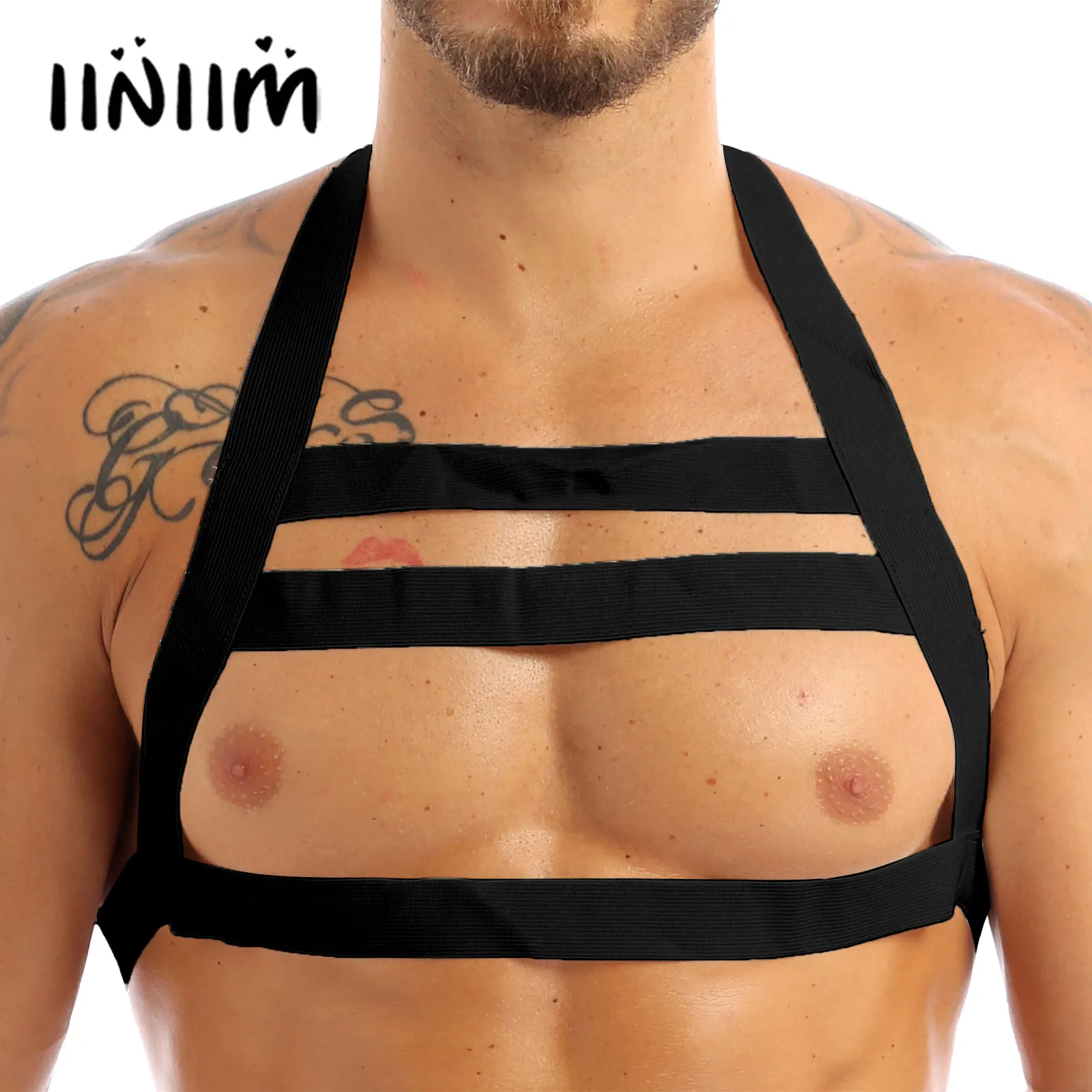 

iiniim Men Lingerie Nylon Halter Backless Elastic Body Chest Harness Costume Belt Shapers Bondage Evening Clubwear