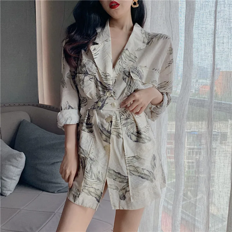 RUGOD New Women Thin Blazers Cotton And Linen Pockets Casual Coat Stylish Print Oversize Tunic Blazer Buttons Temperament