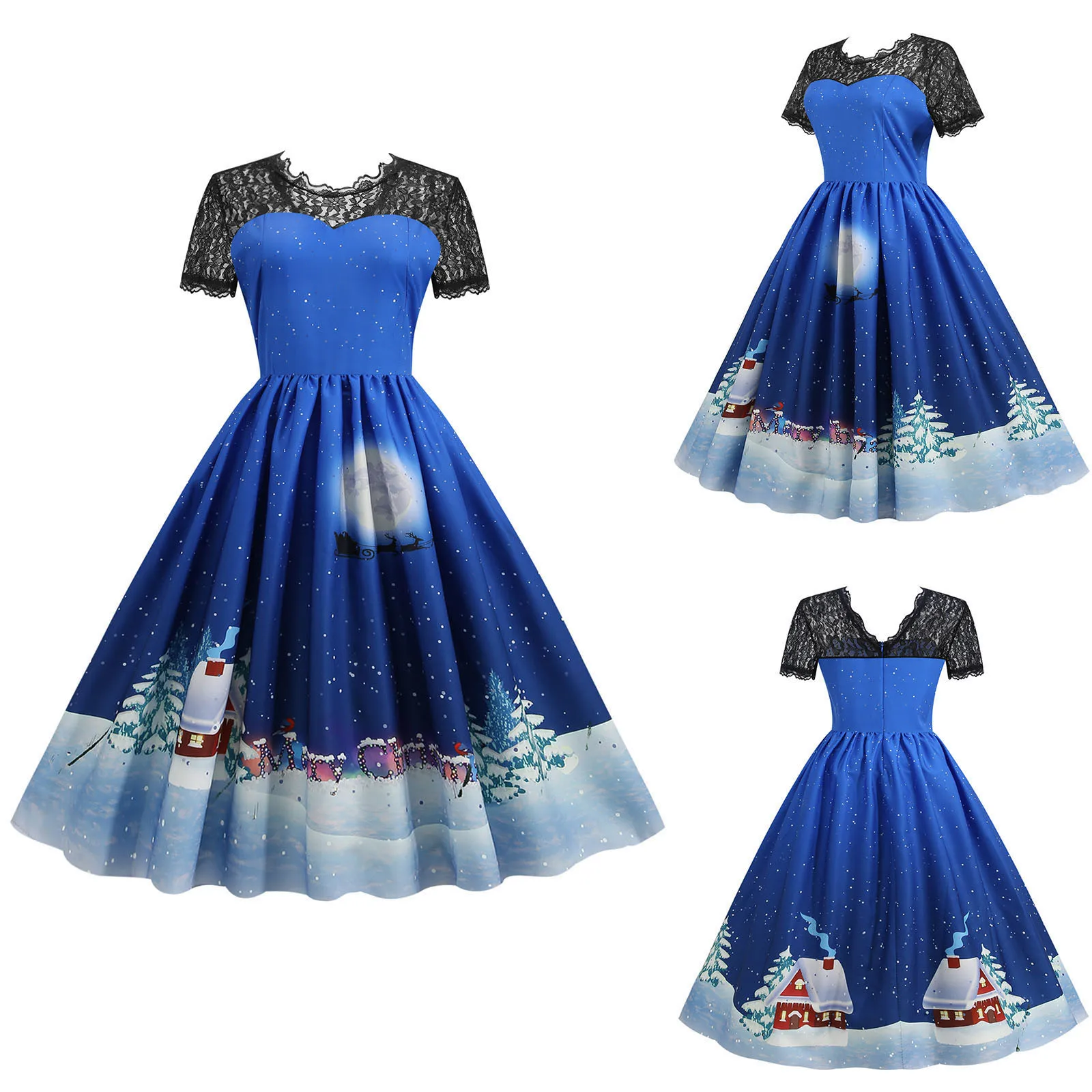 

Women Christmas Party Prom Dress Lace Stitching Short Sleeve A Line Vintage Dress Holiday Pleated Hem Elegant Dress Woman Платье