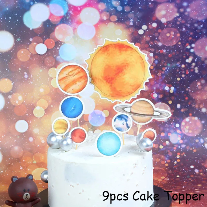 9pcs caketopper E Космонавты и ракеты, воздушные шары из фольги, Галактика/Солнечная система, тематические вечерние, для мальчиков, для детей, для дня рождения, для украшения, вечерние, космические - Цвет: 9pcs caketopper E
