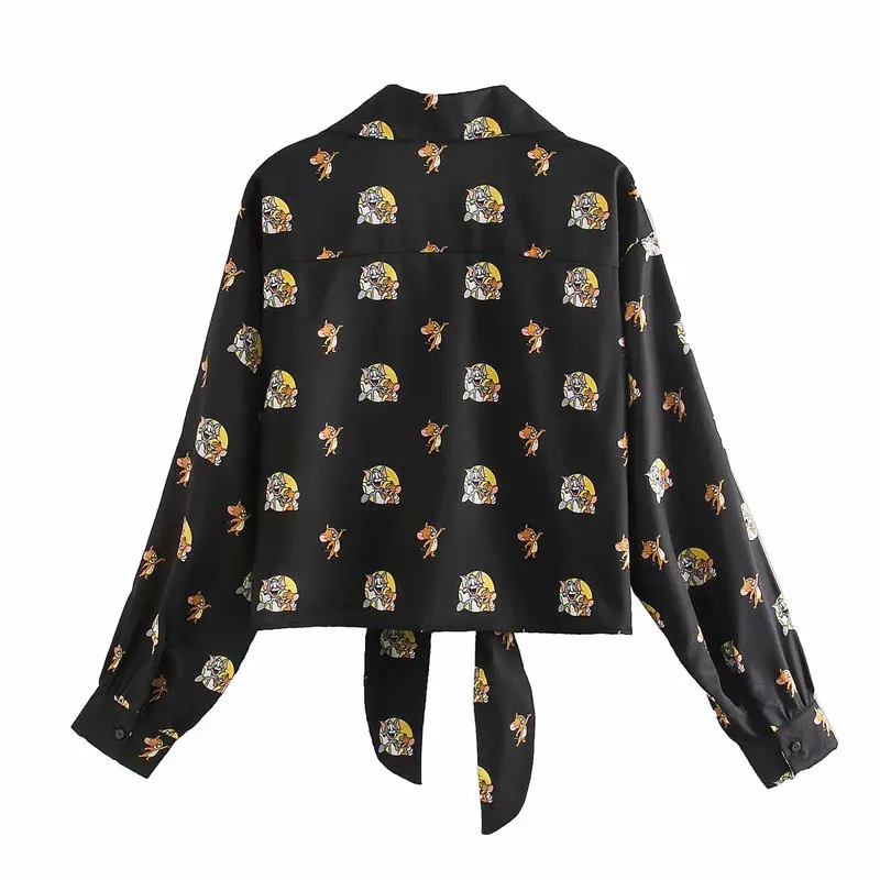 Women shirt za 2020 carton mouse and cat print V neck blouse vintage long sleeve bow blusa feminina casual plus size womens tops | Женская