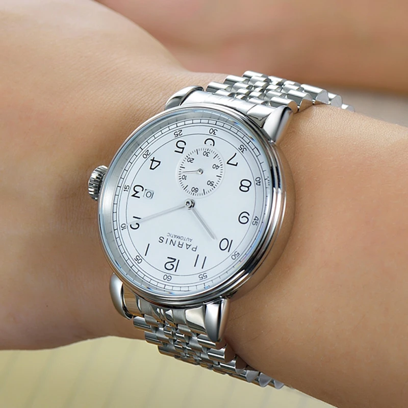 Parnis 42 мм серебристый корпус автоматические механические мужские часы сапфировый