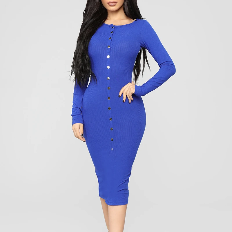 

2019New Ladies dress long sleeve solid color button slim sexy dress temperament elegant casual women's party
