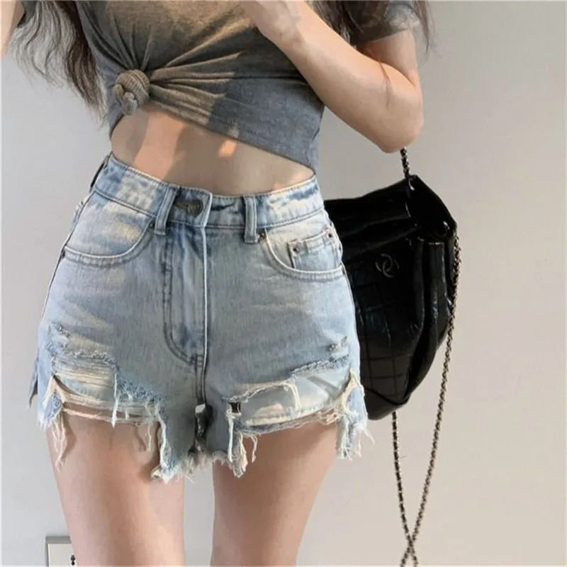 Sexy Denim Shorts For Women Summer High Waist Streetwear Ripped Shorts With Tassel Pockets Mini Short Jeans Feminino Mujer