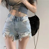 sexy denim shorts for women 2021 summer high waist streetwear ripped shorts with tassel pockets mini short jeans feminino mujer