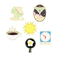 xedz cartoon brooch clock butterfly magic mirror coffee cup sun man jurassic dinosaur pan egg lapel pin jewelry gift for friends