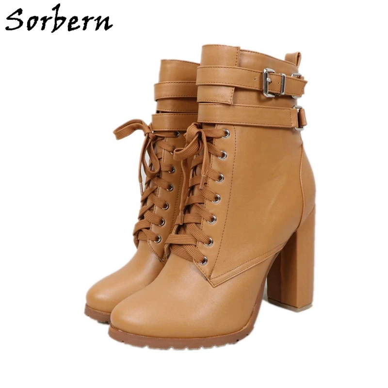 Sorbern Brown Ankle Boots Block High Heel Unisex Mens In Heels Chunky Heel Lady Boy Shoes Plus Size 15 Custom Colors