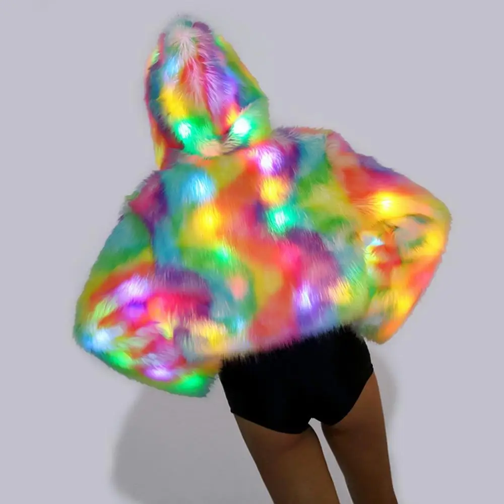 

Faux Fur Coat Women Autumn Winter Fluffy Colorful LED Luminous Flash Imitation Long Sleeve Plush Hooded Short Coat Soft Outwear