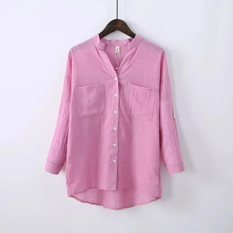 

Women Cotton Linen Summer Shirts 6 Color Vintage Blouses 2021 New Stand Long Sleeve Button Pockets Loose Casual Shirts