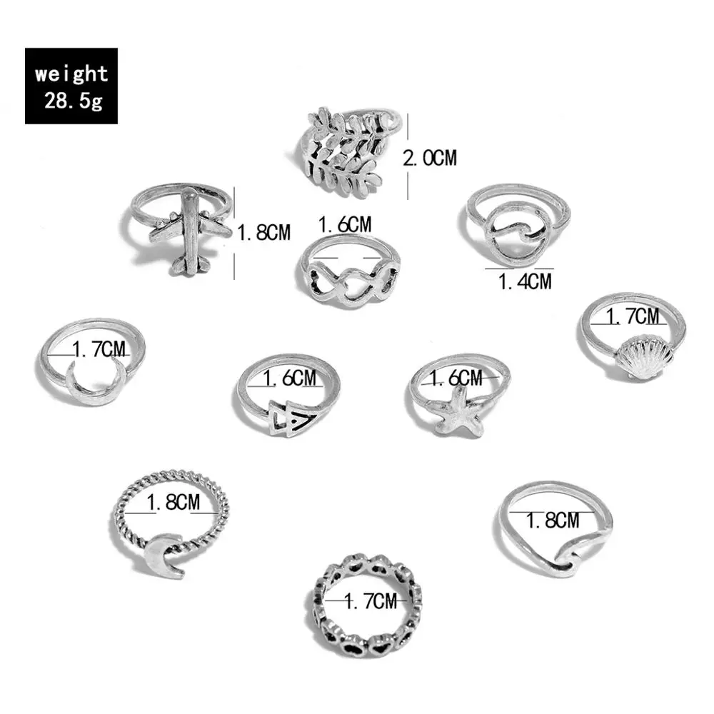 

11pcs/set Vintage Hollow Heart Love Moon Knuckle Ring Set Women Geometry Starfish Wave Seaweed Shell Plane Midi Finger Rings