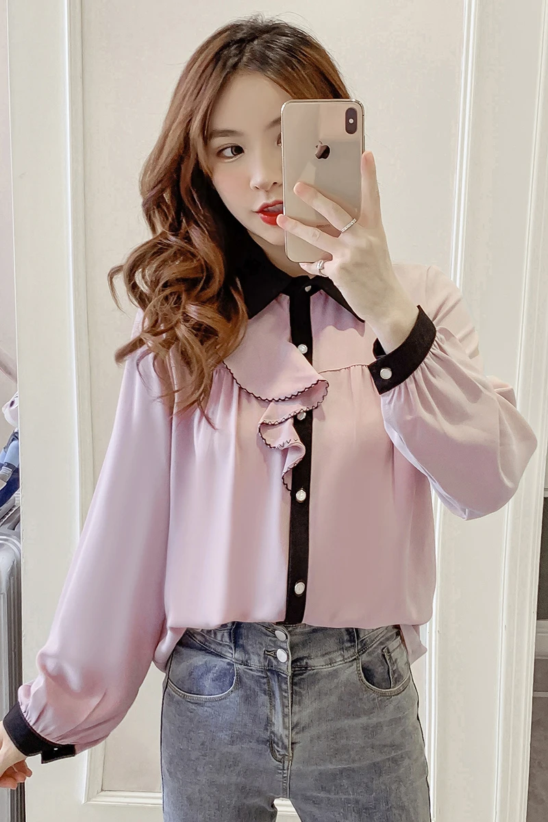 

COIGARSAM Full Sleeve Shirt Womens tops New Embroidery Patchwork Women shirts White Pink 9659