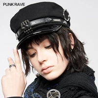 punk rave womens woolen pu beret black handsome female accessories with the rivet metal parts