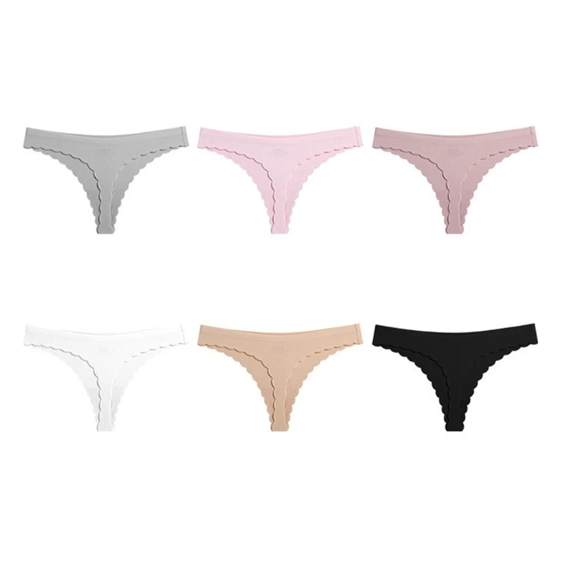 

Women Sexy Solid Color Seamless Thong Panties Scalloped Edge Low Rise Underwear G-String Ribbed No Show Briefs Lingerie