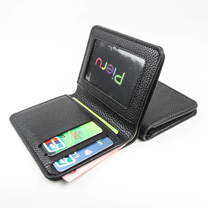 Ultra-Thin Black Credit ID Card Holder PU Leather Women Men Coin Purse Lychee Pattern Money Bag Wallet Driver's License Cover
